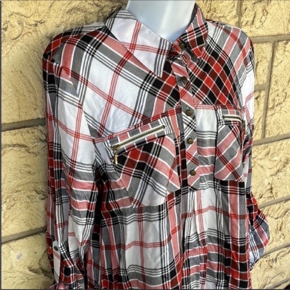 Takara plaid Top blouse Long sleeve Button 3/4 Size Large - Picture 3 of 12